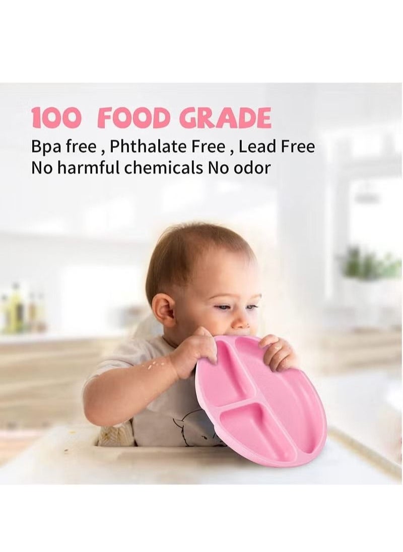Gonice 6-Piece Silicone Baby Feeding Set, Toddler Divider Plate & Bowl with Suction, Baby Tableware Set with Adjustable Soft Silicone Bib & Utensils - Pink  - Image 2