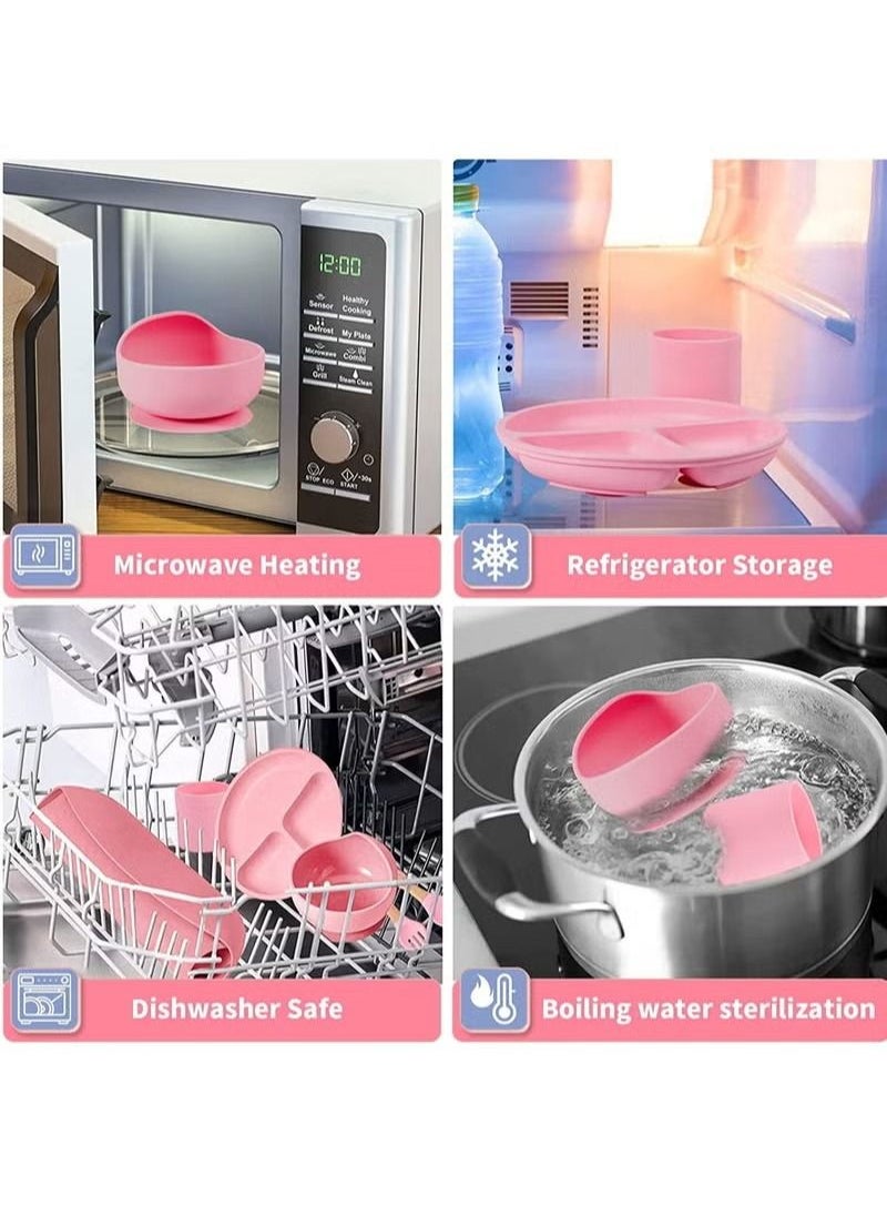 Gonice 6-Piece Silicone Baby Feeding Set, Toddler Divider Plate & Bowl with Suction, Baby Tableware Set with Adjustable Soft Silicone Bib & Utensils - Pink  - Image 4