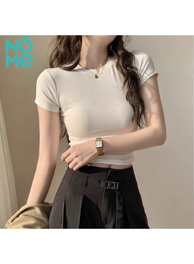 Nome Enkora Women's Short Sleeve T-shirt With Ribbed Shoulder Tight-fitting Top White L - Image 1