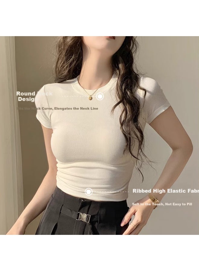 Nome Enkora Women's Short Sleeve T-shirt With Ribbed Shoulder Tight-fitting Top White L - Image 2