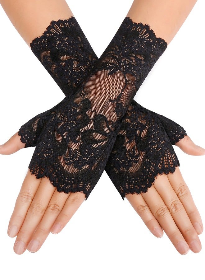 Avidlove Gothic Lace Gloves for Women short Lace Fingerless Glove Bridal Wrist Gloves Opera Evening Wedding Tea Party Prom Cosplay Black - Image 1