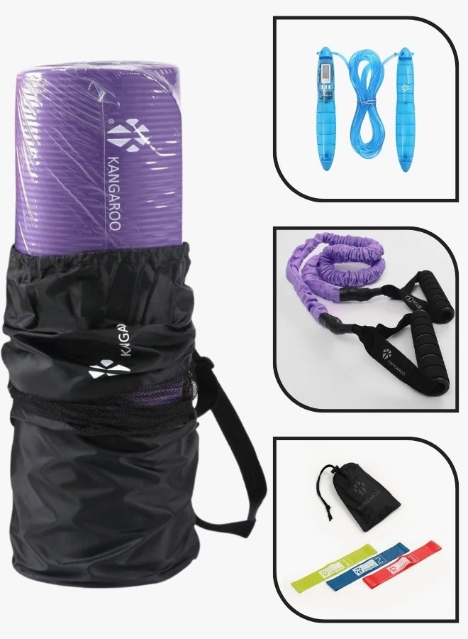 كانجرو مجموعة فرشة التمارين سمك 15 ملي بنفسجي مع حبل مقاومة  وحبل نط و رباط ثلاثي