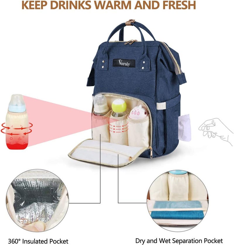 Voroly 2 Compartments Baby Diaper Bag Backpack Waterproof Large Capacity Insulation Travel Back Pack Nappy Bags Organizer, Multi-Function, Fashion and Durable, Navy Blue, 24 Litres - Image 4