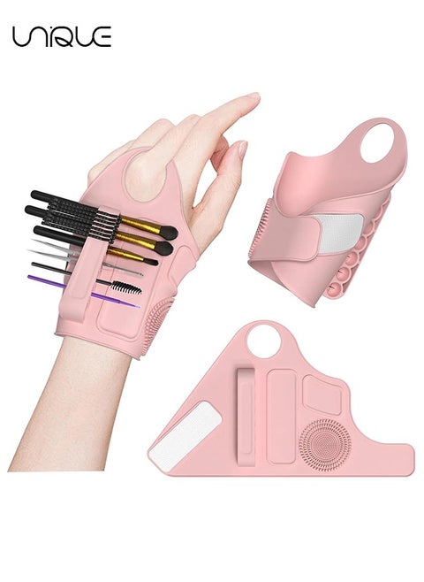 Silicone Makeup Assistant Hand Strap - Multifunctional Makeup Tool - With Brush Fixed Storage Hole - 2 Foundation/Concealer color matching areas - Brush Cleaner - For Professional Makeup Artists - Pink