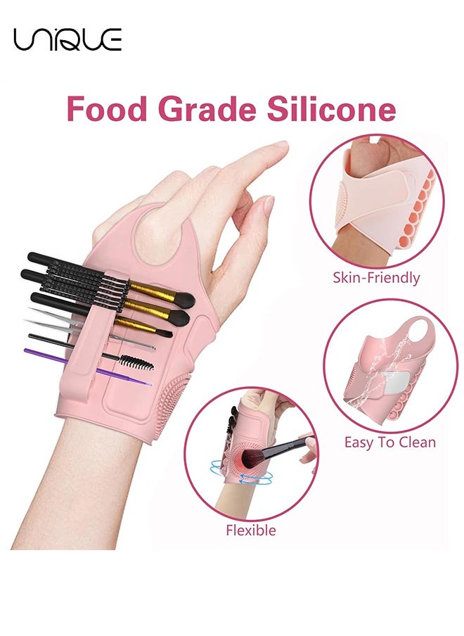 Unique - Silicone Makeup Assistant Hand Strap - Multifunctional Makeup Tool - With Brush Fixed Storage Hole - 2 Foundation/Concealer color matching areas - Brush Cleaner - For Professional Makeup Artists - Pink - Image 1