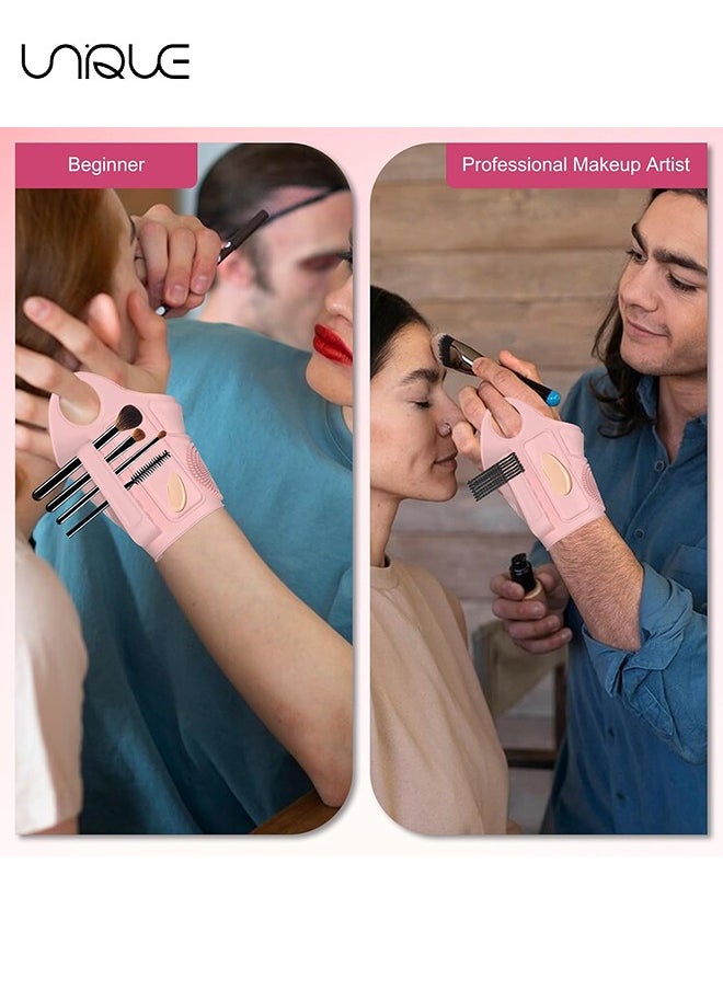 Unique - Silicone Makeup Assistant Hand Strap - Multifunctional Makeup Tool - With Brush Fixed Storage Hole - 2 Foundation/Concealer color matching areas - Brush Cleaner - For Professional Makeup Artists - Pink - Image 1