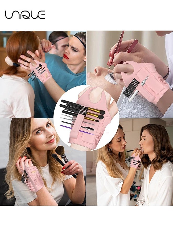 Unique - Silicone Makeup Assistant Hand Strap - Multifunctional Makeup Tool - With Brush Fixed Storage Hole - 2 Foundation/Concealer color matching areas - Brush Cleaner - For Professional Makeup Artists - Pink - Image 1