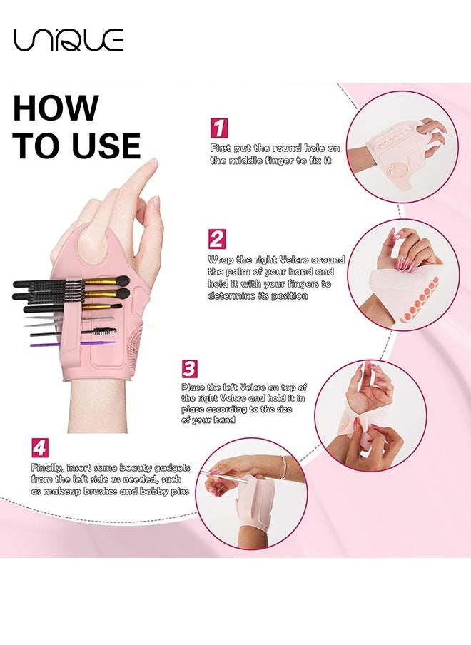 Unique - Silicone Makeup Assistant Hand Strap - Multifunctional Makeup Tool - With Brush Fixed Storage Hole - 2 Foundation/Concealer color matching areas - Brush Cleaner - For Professional Makeup Artists - Pink - Image 1