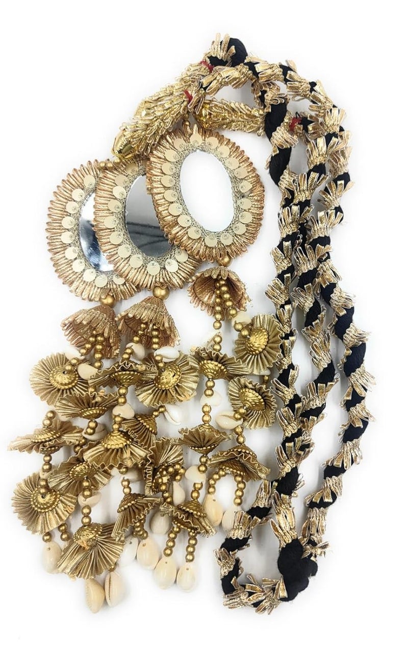 SIMKA ® Duble Mirror Heavy Design Punjabi Paranda with Golden Gotapatti Dori/Hair Hair accessories/Extension/Braid Tassles/Patiala Shahi Parandi/Jadai Billai (Golden & Black) - Image 1
