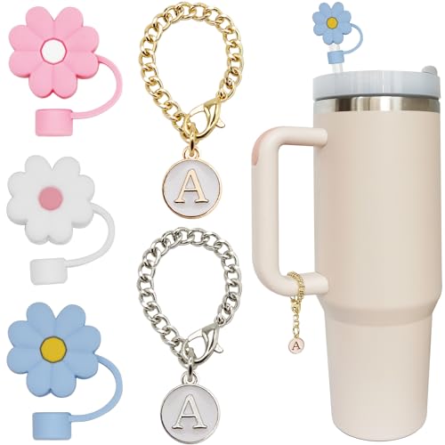 Altally 3PCS Straw Cover for Stanley Cup 30&40 Oz 10mm Flower Silicone Straw Topper Protector Lid with 2PCS Initial Personalized Letter Charm Stanley Tumblers Accessories (3pcs flowers+2pcs letter A) - Image 1