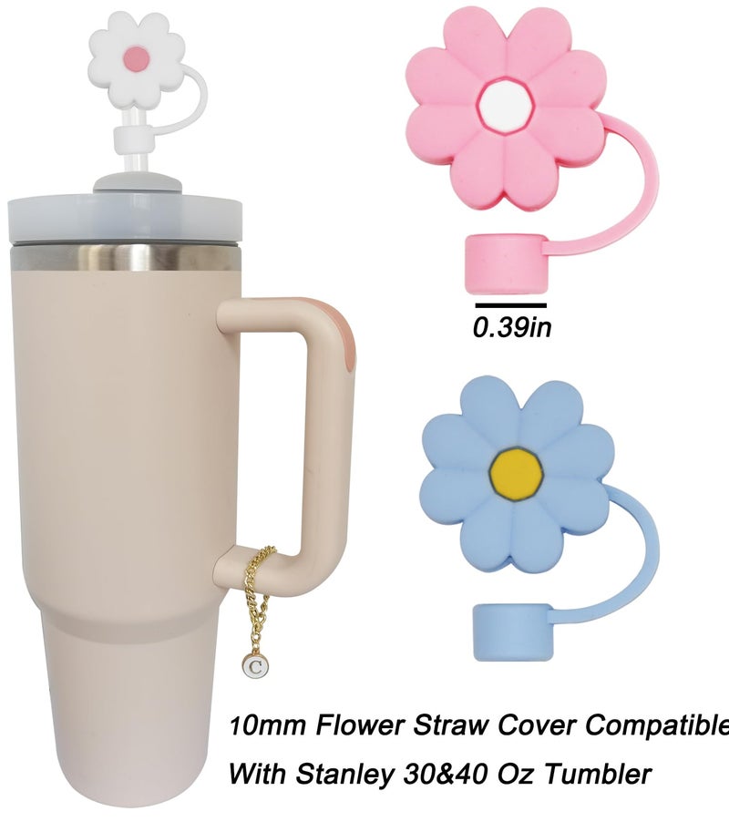 Altally 3PCS Straw Cover for Stanley Cup 30&40 Oz 10mm Flower Silicone Straw Topper Protector Lid with 2PCS Initial Personalized Letter Charm Stanley Tumblers Accessories (3pcs flowers+2pcs letter A) - Image 2