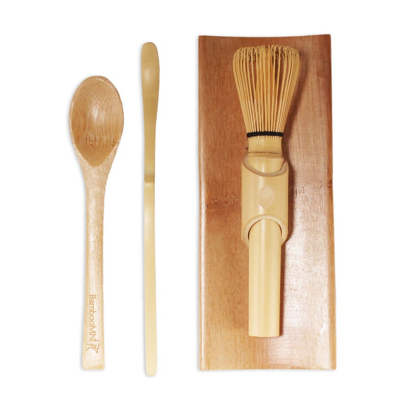 BambooMN Matcha Whisk Set - Skinny Golden Chasen (Tea Whisk), Tray, Chashaku (Hooked Bamboo Scoop), Tea Spoon - 1 Set