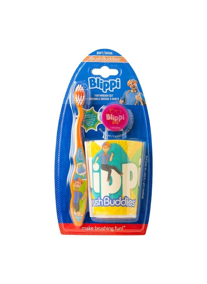 Brush Buddies - Blippi Kids Toothbrushes Kit, Manual Toothbrushes for Kids, Toothbrush for Toddlers 2-4 Years, Travel Toothbrush Kit with Cover and Cup, 3PC - Image 1