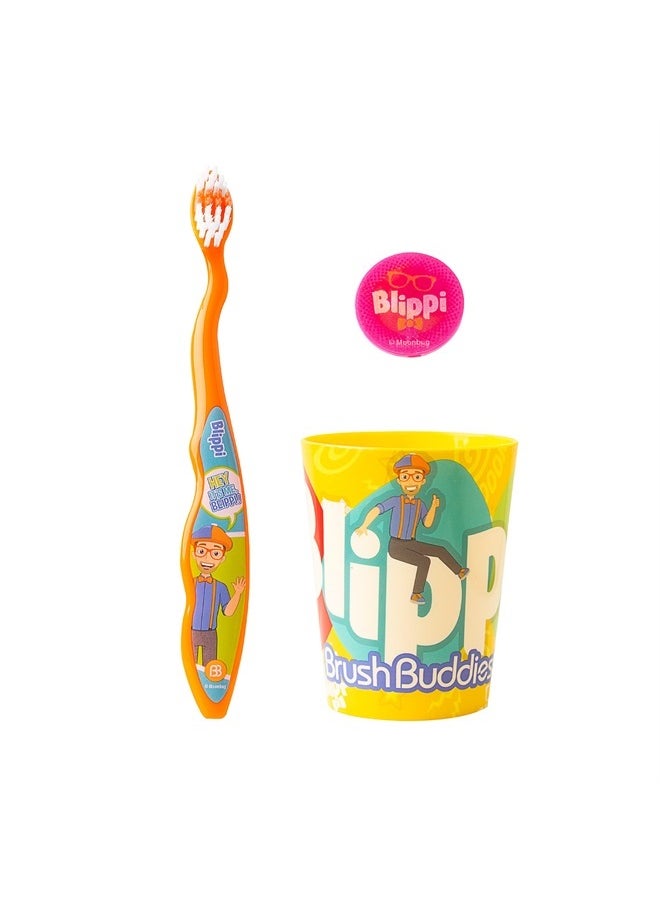 Brush Buddies - Blippi Kids Toothbrushes Kit, Manual Toothbrushes for Kids, Toothbrush for Toddlers 2-4 Years, Travel Toothbrush Kit with Cover and Cup, 3PC - Image 1