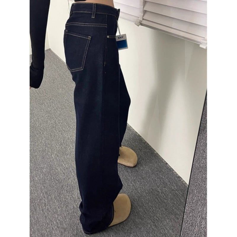 American-Style Blue Extended Wide-Leg Jeans For Women, Autumn New High-Waisted Loose Slimming Drape Extended Floor-Length Pants - Image 3