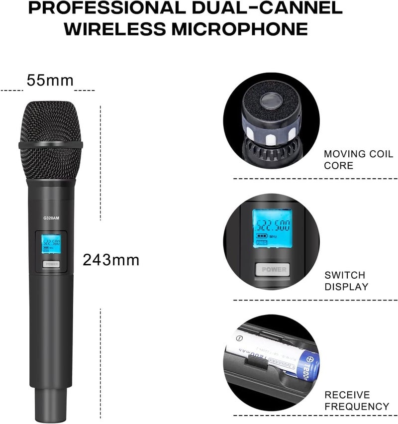 نظام ميكروفون لاسلكي احترافي Arabest G320AM UHF مزدوج يدوي ديناميكي للحفلات الغنائية وحفلات الزفاف مع نطاق تردد قابل للتعديل يصل إلى 50 مترًا - Image 4