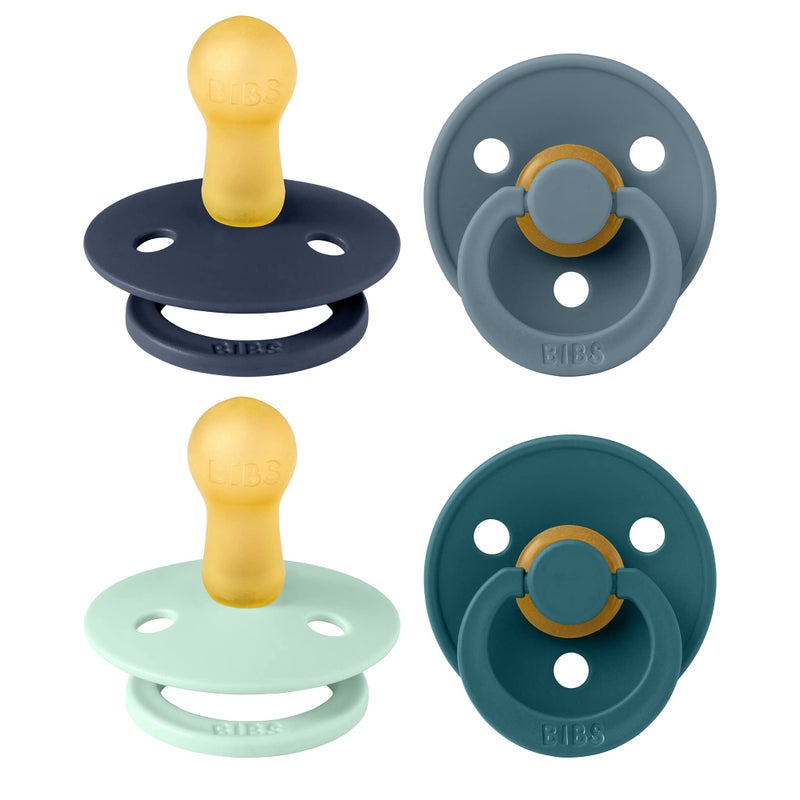 BIBS Pacifiers - Colour 4 Pack | Round Nipple Baby Pacifier | BPA Free Natural Rubber Latex Soother | Made in Denmark | Size 6-18 Months | Boy Colors - Image 1