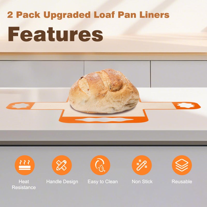 Enskatec 2 Pcs Reusable Silicone Bread Loaf Pan Liners, Food-Grade Silicone Bread Baking Mat with 4 Handles, Non-Stick & Heat Resistant Loaf Pan Lifters, Sourdough Sling for 9x5" or 1.5Lb Loaf Pans (Orange) - Image 2