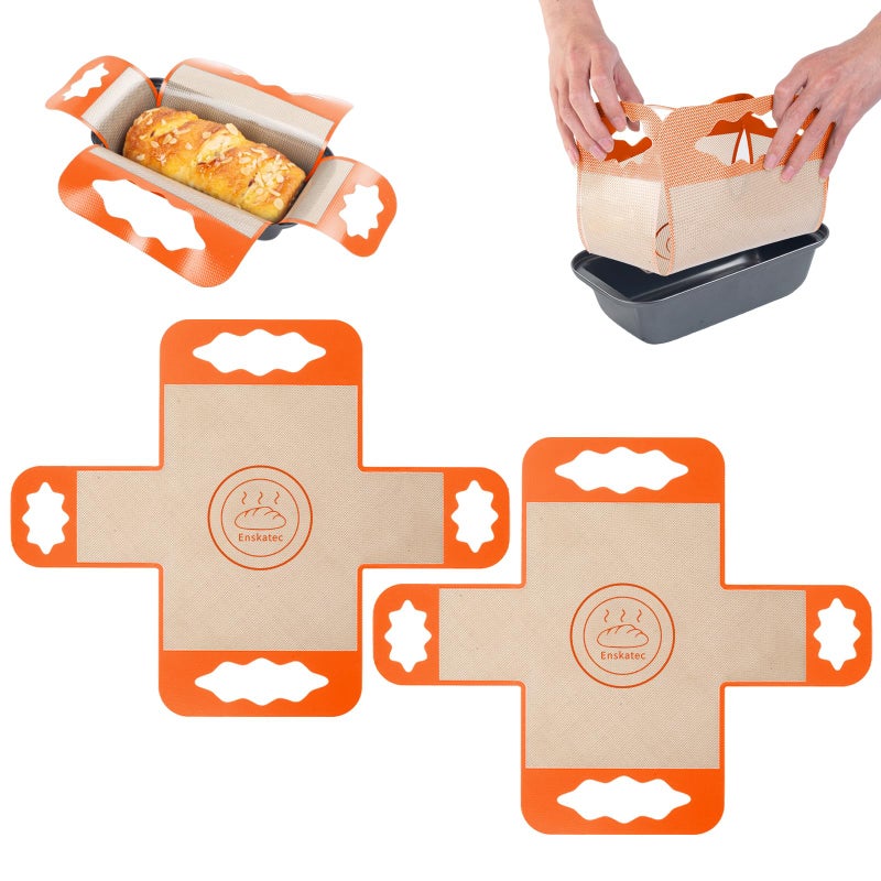 Enskatec 2 Pcs Reusable Silicone Bread Loaf Pan Liners, Food-Grade Silicone Bread Baking Mat with 4 Handles, Non-Stick & Heat Resistant Loaf Pan Lifters, Sourdough Sling for 9x5" or 1.5Lb Loaf Pans (Orange) - Image 1