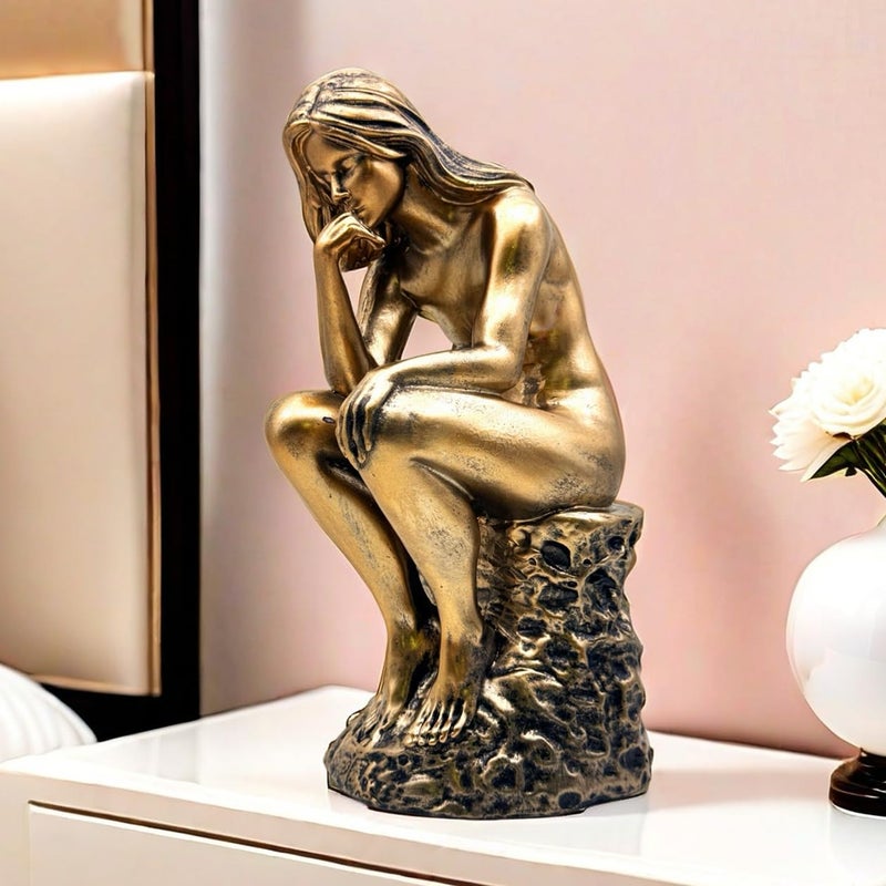 FUNSXBUG Resin The Thinker Woman Statue Figurines Thinking Girl Sculptures Collectible Figurine Home Office Decor Living Room Decoration Bronze - Image 1