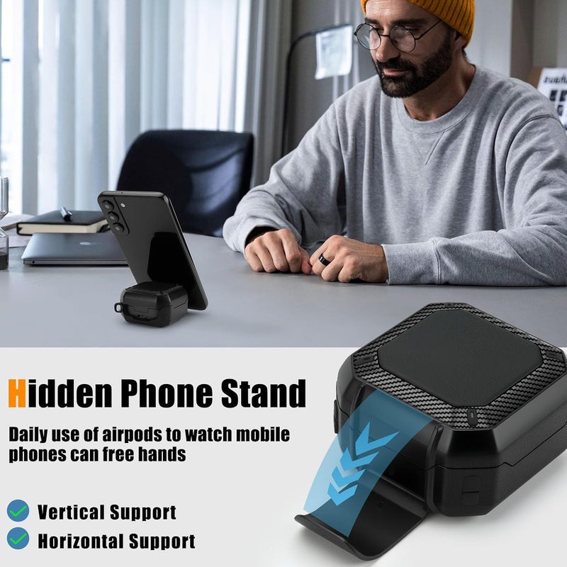 Anlinser Compatible with Samsung Galaxy Buds 4 Pro Case/Galaxy Buds 4 Case, Carbon Fiber Texture Design Cover with Phone Stand, Black - Image 5