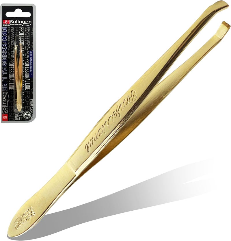 solingen Tweezers for Eyebrows | Slanted Tip | Professional Stainless Steel |Slanted Tip Tweezers | Best Shaped for Eyebrows Extensions Chin Cheek Face Facial Hair | Made in Germany (Gold) - Image 1