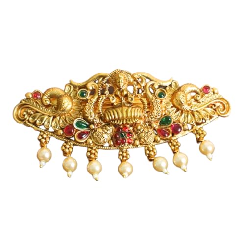 JWELLA Traditional Gold-Plated Hair Barrette Clip With Floral Design And Beads Danglers (Design-6) - Image 1