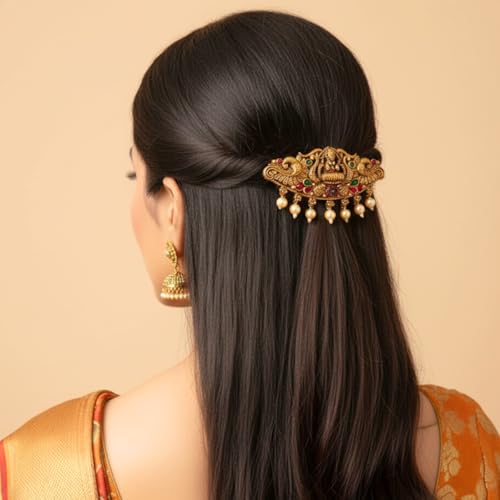 JWELLA Traditional Gold-Plated Hair Barrette Clip With Floral Design And Beads Danglers (Design-6) - Image 4
