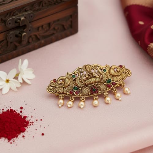 JWELLA Traditional Gold-Plated Hair Barrette Clip With Floral Design And Beads Danglers (Design-6) - Image 2