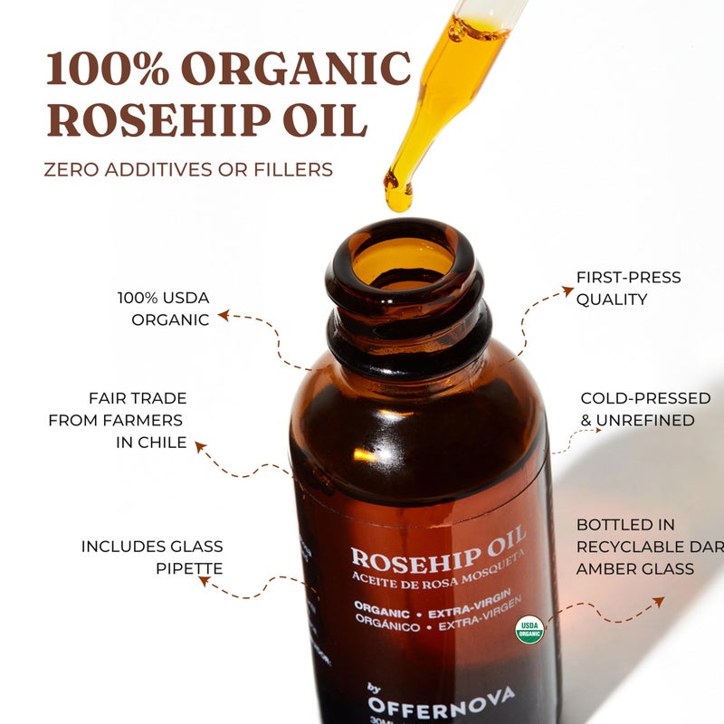 Offernova Organic Rosa de Mosqueta Oil- USDA Certified Rosehip Seed Oil Pure Cold Pressed, Repairs & Brightens Skin - Gua Sha Massage, Face, for All Skin Types - Aceite Facial 1OZ - Image 2
