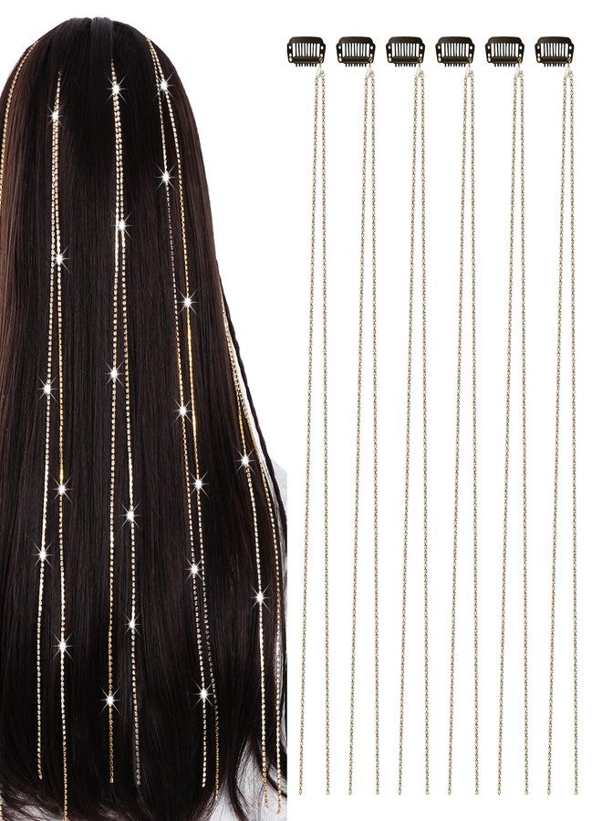 Cerun 6Pcs Premium Hair Jewelry for Braids Rhinestone Hair Chains with Clips Rave Hair Charms Accessories for Women Girls Festival Holiday Disco Hairstyle Decoration(Gold) - Image 1