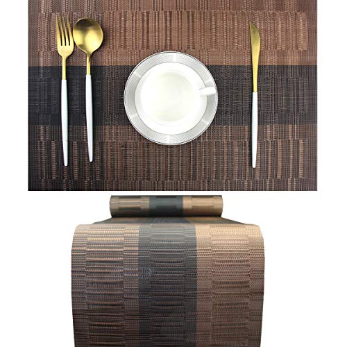PIGCHCY Elegant Placemats with Matching Table Runner,Washable Durable Plastic Placemats for Dining Table Sets(6pcs Placemats+1pcs Table Runner, Brown) - Image 1
