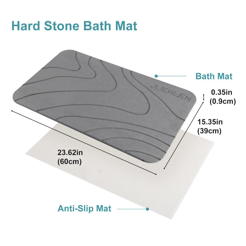 JUERLEN 2 Pack Diatomaceous Earth Shower Mat, Stone Bath Mat, Nonslip Super Absorbent Fast-Drying Hard Bath Mat for Bathroom Shower Floor, 24 x 16 inch, Grey Wave Design - Image 2