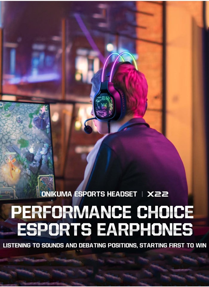 onikuma - X22 Over-Ear Gaming Wired Headphones,Gaming Headset with Micphone,LED Light RGB Gamer Stereo Earphones for PS4/PS5/XOne/XSeries/NSwitch/PC,Black - Image 1