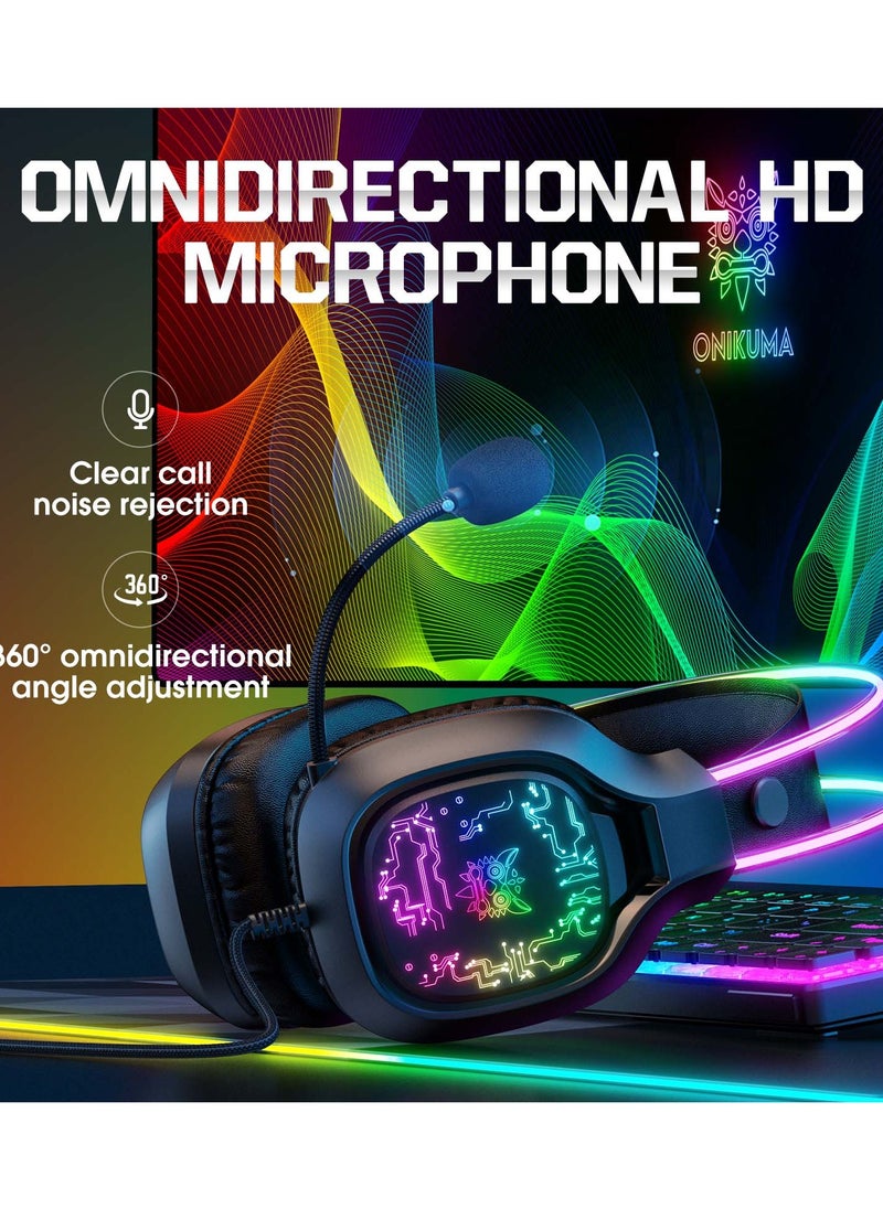 onikuma - X22 Over-Ear Gaming Wired Headphones,Gaming Headset with Micphone,LED Light RGB Gamer Stereo Earphones for PS4/PS5/XOne/XSeries/NSwitch/PC,Black - Image 1