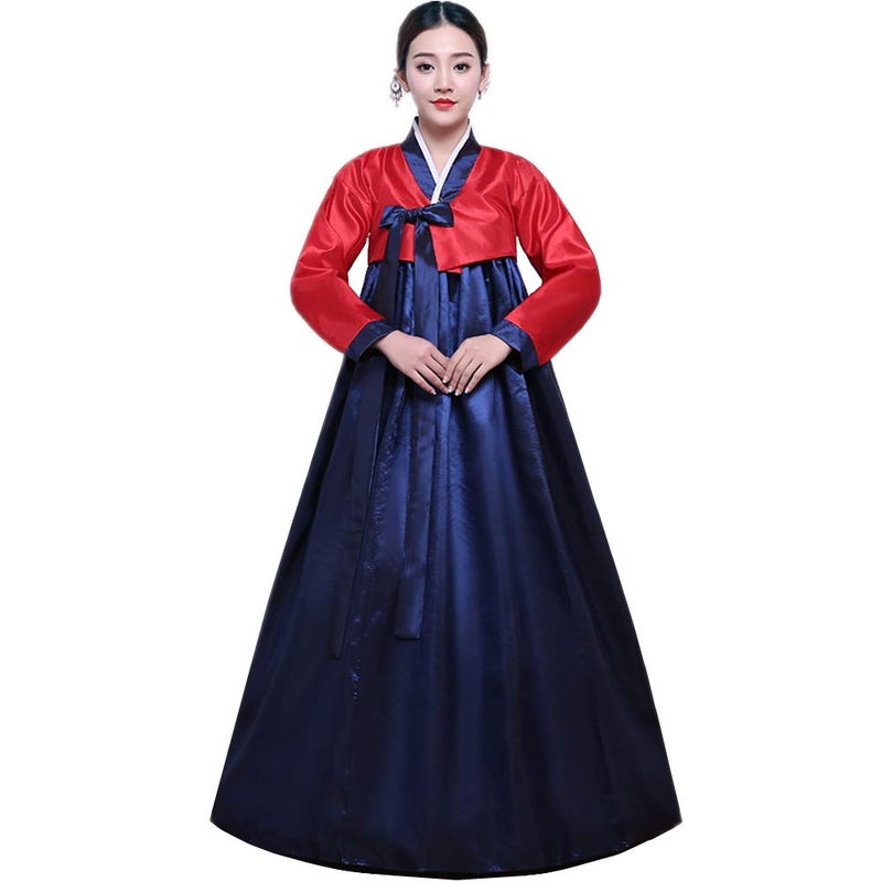 XINFU Womens Korean Traditional Hanbok Sets Long Sleeve Colorful Cosplay Costume Dress Redcyan Medium