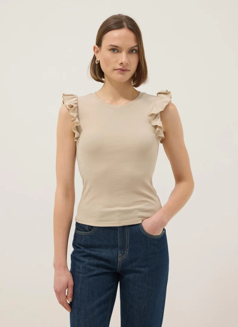 او في اس OVS Beige Slim Fit Pure Cotton T-Shirt With Ruffles