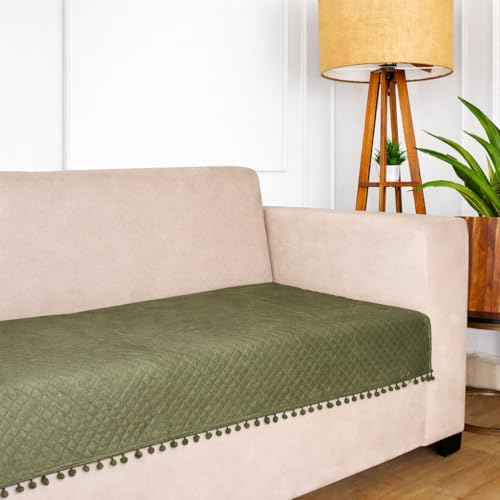 STITCHNEST 4 Seater Quilted Velvet Sofa Cover with Pom Pom | Elegant Olive Sofa Protector for Living Room | Soft, Washable | Perfect for Enhancing Living Room Interiors - Image 1