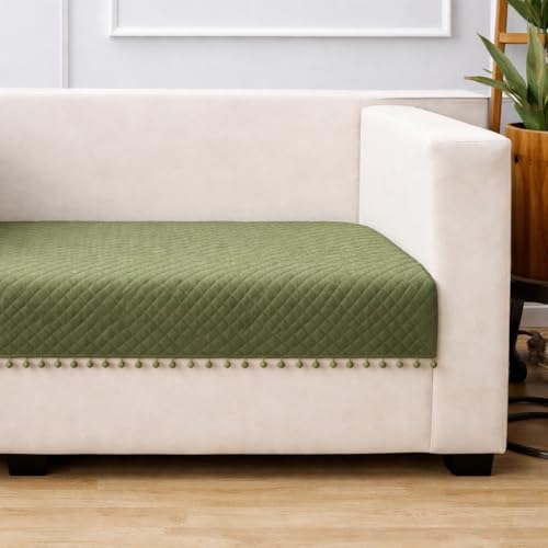 STITCHNEST 4 Seater Quilted Velvet Sofa Cover with Pom Pom | Elegant Olive Sofa Protector for Living Room | Soft, Washable | Perfect for Enhancing Living Room Interiors - Image 3