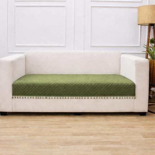 STITCHNEST 4 Seater Quilted Velvet Sofa Cover with Pom Pom | Elegant Olive Sofa Protector for Living Room | Soft, Washable | Perfect for Enhancing Living Room Interiors - Image 2
