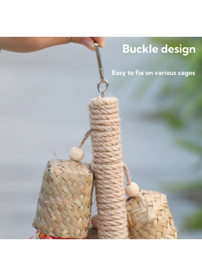 Parrot Chewing Rattan Toys – 3 Pack with Palm Leaf Weaving Cup Chain, Rattan Chewing Hanging String, and Colorful Paper Crumple Chewing Toy – Handcrafted Bird Chewing, Vibrant Color u0026 Bells - Image 5