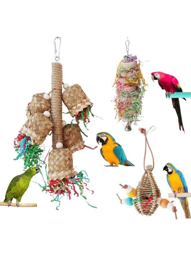 Parrot Chewing Rattan Toys – 3 Pack with Palm Leaf Weaving Cup Chain, Rattan Chewing Hanging String, and Colorful Paper Crumple Chewing Toy – Handcrafted Bird Chewing, Vibrant Color u0026 Bells - Image 1