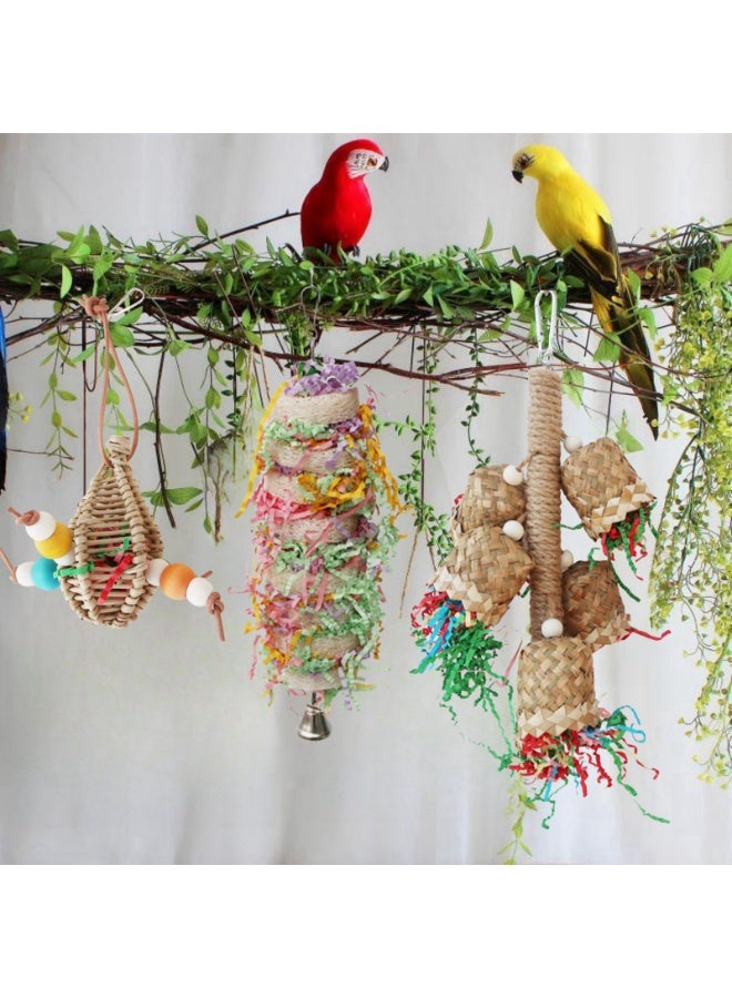 Parrot Chewing Rattan Toys – 3 Pack with Palm Leaf Weaving Cup Chain, Rattan Chewing Hanging String, and Colorful Paper Crumple Chewing Toy – Handcrafted Bird Chewing, Vibrant Color u0026 Bells - Image 2