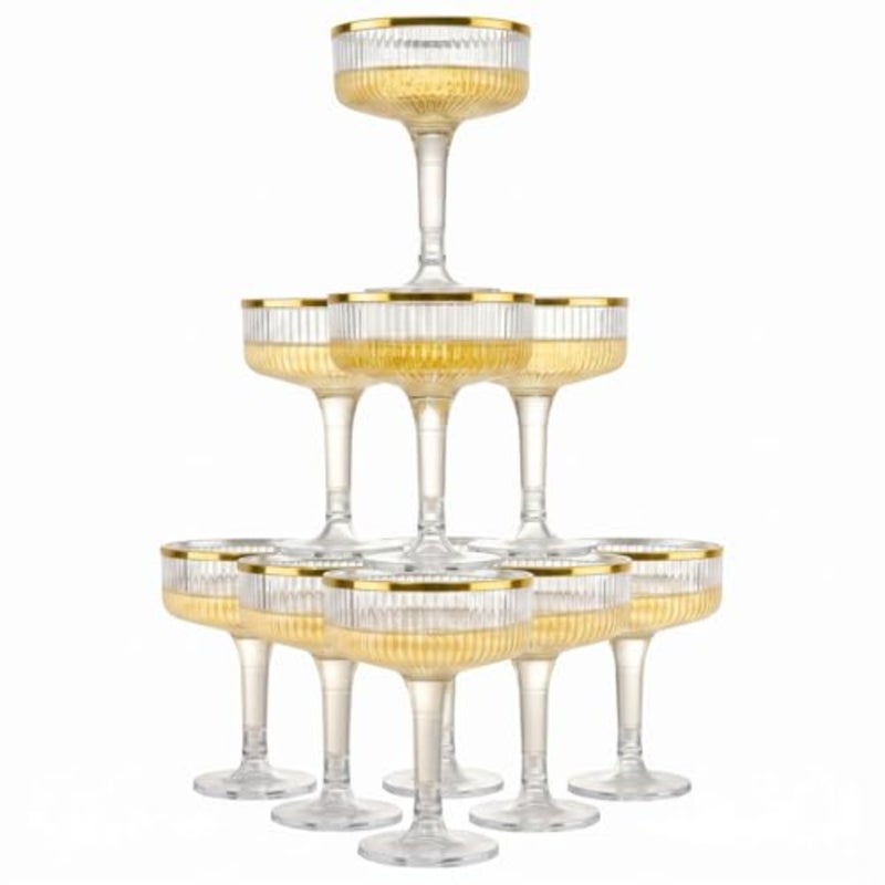 3-Tier Champagne Tower Glasses - PCS 7oz Plastic Champagne Flutes, Plastic Coupe Glasses with Vertical Stripes for Weddings, Celebrations, Parties and Birthdays Gold Rim - Image 1