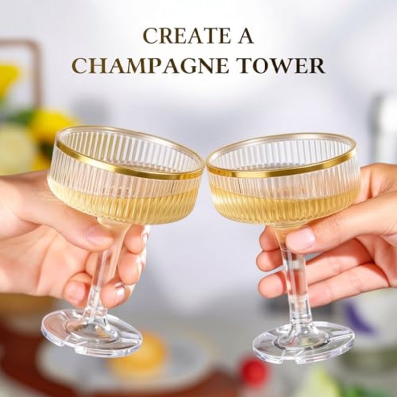 3-Tier Champagne Tower Glasses - PCS 7oz Plastic Champagne Flutes, Plastic Coupe Glasses with Vertical Stripes for Weddings, Celebrations, Parties and Birthdays Gold Rim - Image 5