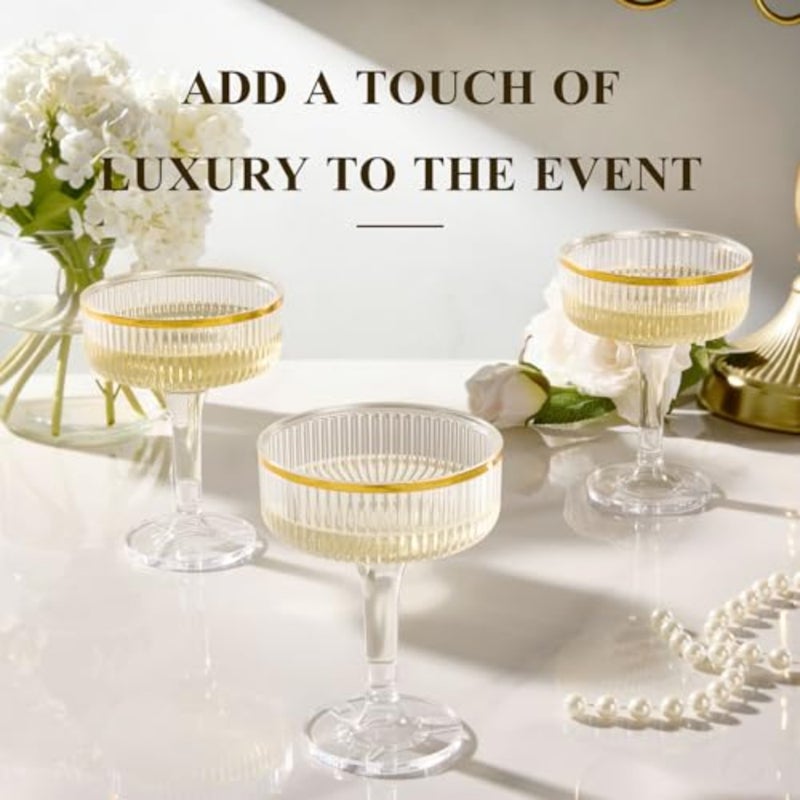 3-Tier Champagne Tower Glasses - PCS 7oz Plastic Champagne Flutes, Plastic Coupe Glasses with Vertical Stripes for Weddings, Celebrations, Parties and Birthdays Gold Rim - Image 3