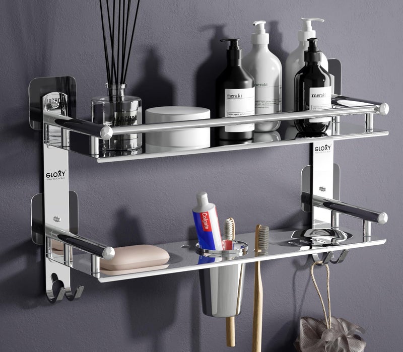 GLOXY 4 in 1 Multipurpose Adhesive Stickers Stainless Steel Bathroom Shelf with Soap Dish and Toothbrush Holder for Bathroom Accessories and Fittings (15 x 5 Inches) - Image 1