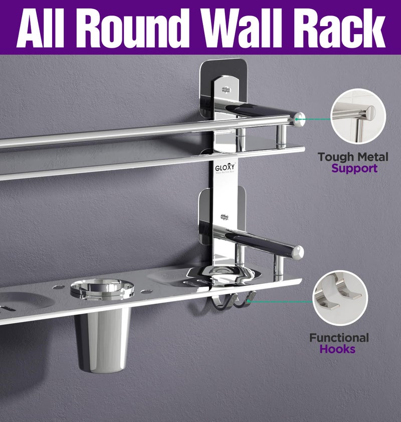 GLOXY 4 in 1 Multipurpose Adhesive Stickers Stainless Steel Bathroom Shelf with Soap Dish and Toothbrush Holder for Bathroom Accessories and Fittings (15 x 5 Inches) - Image 5