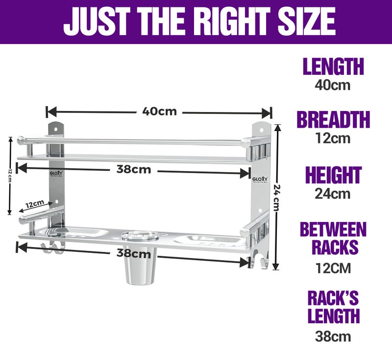 GLOXY 4 in 1 Multipurpose Adhesive Stickers Stainless Steel Bathroom Shelf with Soap Dish and Toothbrush Holder for Bathroom Accessories and Fittings (15 x 5 Inches) - Image 2
