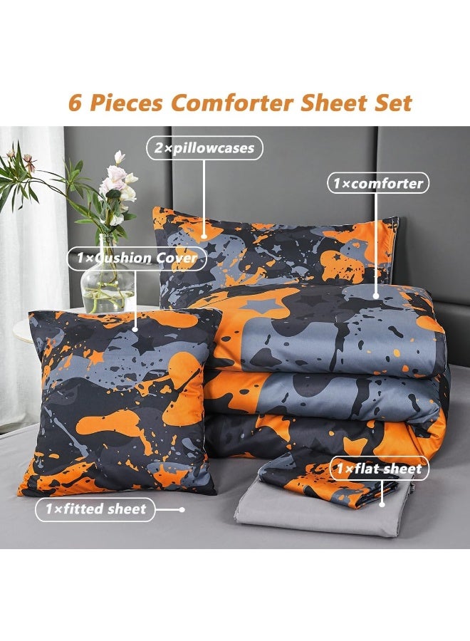PERFEMET Twin Bedding Sets for Boys 6 Piece Orange Camouflage Bedding Comforter Set for Kids Teen Soft Fluffy Orange and Grey Army Style Bed in A Bag Matching 2 Pillowcases(Orange, Twin)  - Image 3
